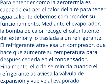 Para entender como la aerotermia es  capaz de extraer el calor del aire para tener  agua caliente debemos comprender su  funcionamiento. Mediante el evaporador, la bomba de calor recoge el calor latente  del exterior y lo traslada a un refrigerante.  El refrigerante atraviesa un compresor, que  hace que aumente su temperatura para después cederla en el condensador.  Finalmente, el ciclo se reinicia cuando el  refrigerante atraviesa la válvula de  expansión y vuelve al evaporador.